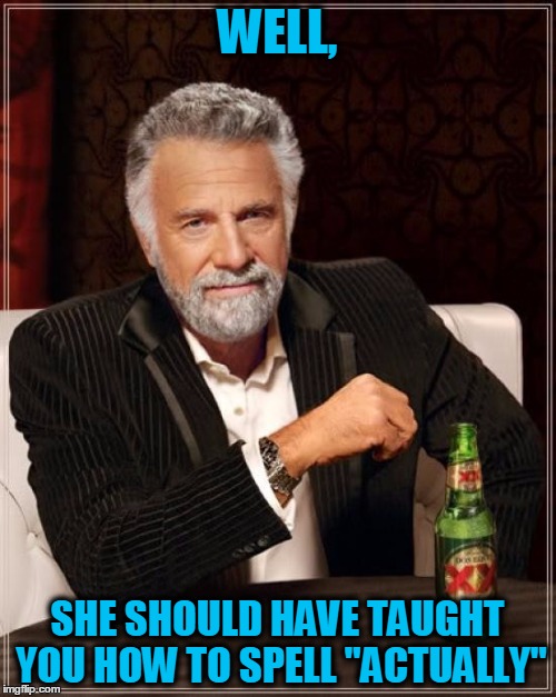 The Most Interesting Man In The World Meme | WELL, SHE SHOULD HAVE TAUGHT YOU HOW TO SPELL "ACTUALLY" | image tagged in memes,the most interesting man in the world | made w/ Imgflip meme maker