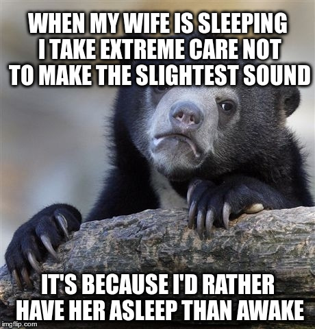 Confession Bear Meme | WHEN MY WIFE IS SLEEPING I TAKE EXTREME CARE NOT TO MAKE THE SLIGHTEST SOUND; IT'S BECAUSE I'D RATHER HAVE HER ASLEEP THAN AWAKE | image tagged in memes,confession bear,AdviceAnimals | made w/ Imgflip meme maker