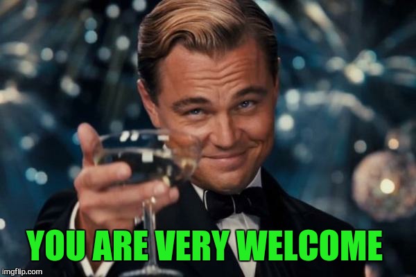 Leonardo Dicaprio Cheers Meme | YOU ARE VERY WELCOME | image tagged in memes,leonardo dicaprio cheers | made w/ Imgflip meme maker