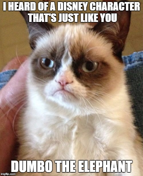 Grumpy Cat | I HEARD OF A DISNEY CHARACTER THAT'S JUST LIKE YOU; DUMBO THE ELEPHANT | image tagged in memes,grumpy cat | made w/ Imgflip meme maker