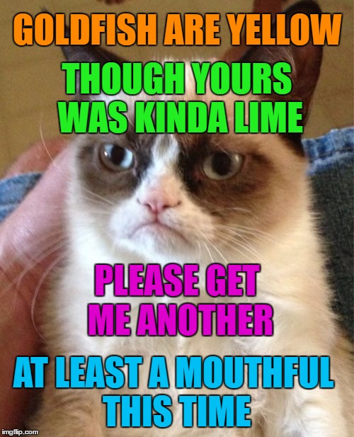 Goldfish are yellow | GOLDFISH ARE YELLOW; THOUGH YOURS WAS KINDA LIME; PLEASE GET ME ANOTHER; AT LEAST A MOUTHFUL THIS TIME | image tagged in memes,grumpy cat,funny,roses are red,roses are red violets are are blue,mean | made w/ Imgflip meme maker
