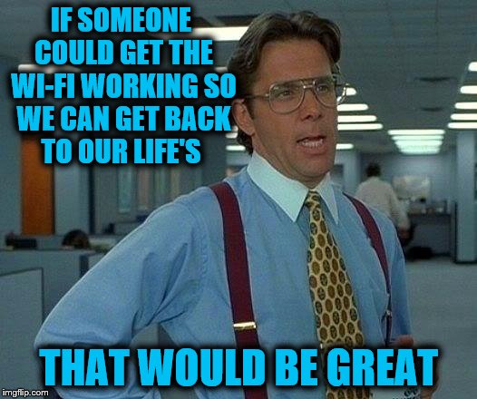 That Would Be Great Meme | IF SOMEONE COULD GET THE WI-FI WORKING SO WE CAN GET BACK TO OUR LIFE'S THAT WOULD BE GREAT | image tagged in memes,that would be great | made w/ Imgflip meme maker