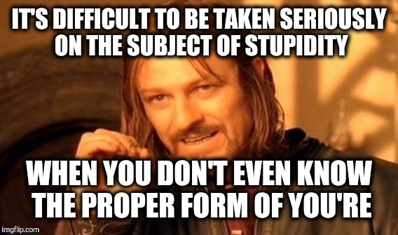 One Does Not Simply Meme | IT'S DIFFICULT TO BE TAKEN SERIOUSLY ON THE SUBJECT OF STUPIDITY WHEN YOU DON'T EVEN KNOW THE PROPER FORM OF YOU'RE | image tagged in memes,one does not simply | made w/ Imgflip meme maker