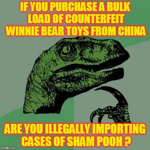 Let's ask Christopher Robbin ! | IF YOU PURCHASE A BULK LOAD OF COUNTERFEIT WINNIE BEAR TOYS FROM CHINA; ARE YOU ILLEGALLY IMPORTING CASES OF SHAM POOH ? | image tagged in memes,philosoraptor | made w/ Imgflip meme maker