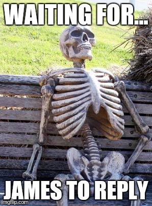 Waiting Skeleton | WAITING FOR... JAMES TO REPLY | image tagged in memes,waiting skeleton | made w/ Imgflip meme maker