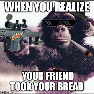 mlg monkey | WHEN YOU REALIZE; YOUR FRIEND TOOK YOUR BREAD | image tagged in mlg monkey | made w/ Imgflip meme maker