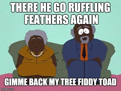 THERE HE GO RUFFLING FEATHERS AGAIN GIMME BACK MY TREE FIDDY TOAD | made w/ Imgflip meme maker