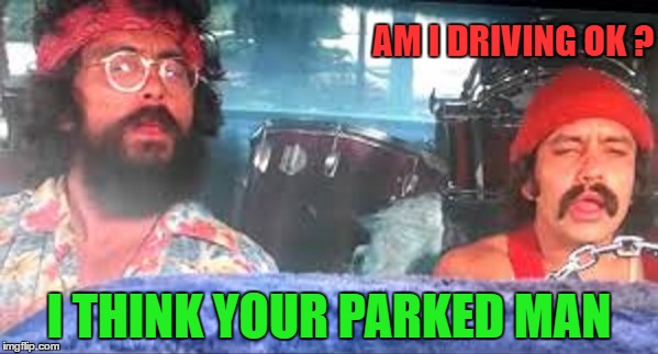  Cheech and Chong | AM I DRIVING OK ? I THINK YOUR PARKED MAN | image tagged in funny memes | made w/ Imgflip meme maker