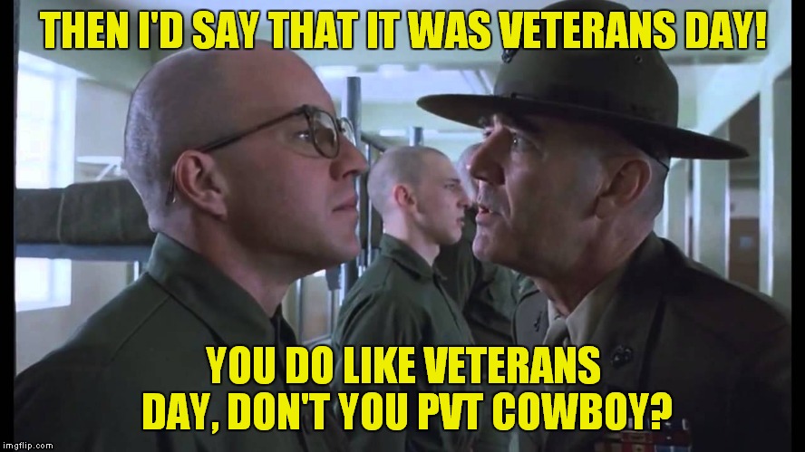 full metal jacket | THEN I'D SAY THAT IT WAS VETERANS DAY! YOU DO LIKE VETERANS DAY, DON'T YOU PVT COWBOY? | image tagged in full metal jacket | made w/ Imgflip meme maker