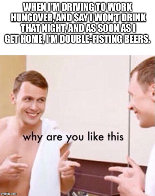 why are you like this | WHEN I'M DRIVING TO WORK HUNGOVER, AND SAY I WON'T DRINK THAT NIGHT, AND AS SOON AS I GET HOME, I'M DOUBLE-FISTING BEERS. | image tagged in why are you like this | made w/ Imgflip meme maker