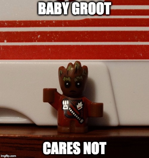 BABY GROOT; CARES NOT | image tagged in baby groot | made w/ Imgflip meme maker