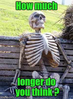Waiting Skeleton Meme | How much longer do you think ? | image tagged in memes,waiting skeleton | made w/ Imgflip meme maker