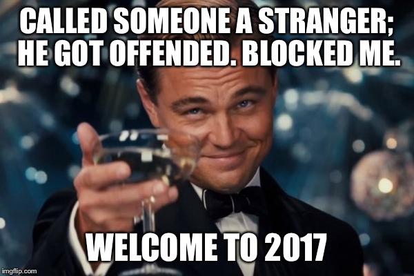 Leonardo Dicaprio Cheers Meme | CALLED SOMEONE A STRANGER; HE GOT OFFENDED. BLOCKED ME. WELCOME TO 2017 | image tagged in memes,leonardo dicaprio cheers | made w/ Imgflip meme maker