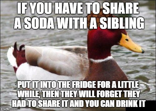 Malicious Advice Mallard | IF YOU HAVE TO SHARE A SODA WITH A SIBLING; PUT IT INTO THE FRIDGE FOR A LITTLE WHILE, THEN THEY WILL FORGET THEY HAD TO SHARE IT AND YOU CAN DRINK IT | image tagged in memes,malicious advice mallard,scumbag | made w/ Imgflip meme maker