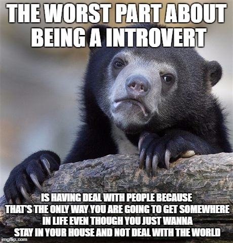 Confession Bear Meme | THE WORST PART ABOUT BEING A INTROVERT; IS HAVING DEAL WITH PEOPLE BECAUSE THAT'S THE ONLY WAY YOU ARE GOING TO GET SOMEWHERE IN LIFE EVEN THOUGH YOU JUST WANNA STAY IN YOUR HOUSE AND NOT DEAL WITH THE WORLD | image tagged in memes,confession bear | made w/ Imgflip meme maker