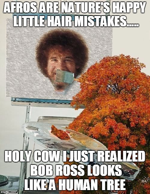 Tree painting Bob Ross | AFROS ARE NATURE'S HAPPY LITTLE HAIR MISTAKES..... HOLY COW I JUST REALIZED BOB ROSS LOOKS LIKE A HUMAN TREE | image tagged in meme,bob ross,bob ross week,afro,tree | made w/ Imgflip meme maker