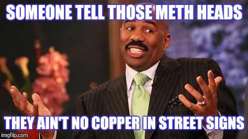 Steve Harvey Meme | SOMEONE TELL THOSE METH HEADS THEY AIN'T NO COPPER IN STREET SIGNS | image tagged in memes,steve harvey | made w/ Imgflip meme maker