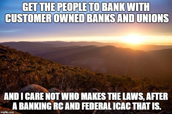 GET THE PEOPLE TO BANK WITH CUSTOMER OWNED BANKS AND UNIONS; AND I CARE NOT WHO MAKES THE LAWS, AFTER A BANKING RC AND FEDERAL ICAC THAT IS. | image tagged in money | made w/ Imgflip meme maker