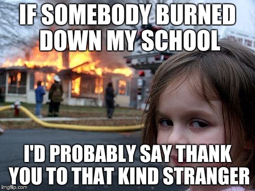 Disaster Girl Meme | IF SOMEBODY BURNED DOWN MY SCHOOL; I'D PROBABLY SAY THANK YOU TO THAT KIND STRANGER | image tagged in memes,disaster girl | made w/ Imgflip meme maker