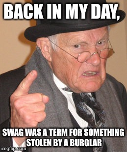 Back In My Day | BACK IN MY DAY, SWAG WAS A TERM FOR SOMETHING STOLEN BY A BURGLAR | image tagged in memes,back in my day | made w/ Imgflip meme maker