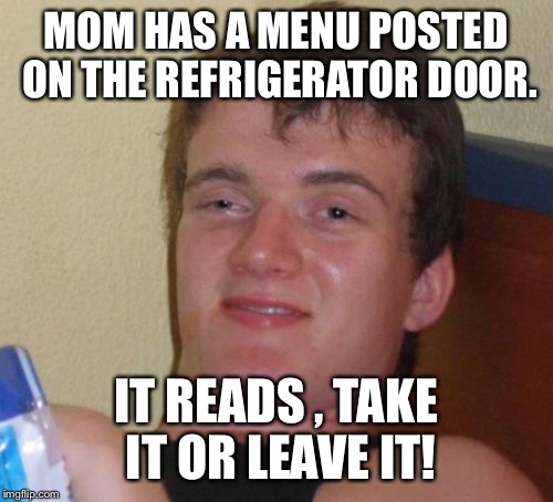 Lean cuisine  | MOM HAS A MENU POSTED ON THE REFRIGERATOR DOOR. IT READS , TAKE IT OR LEAVE IT! | image tagged in memes,10 guy,funny | made w/ Imgflip meme maker