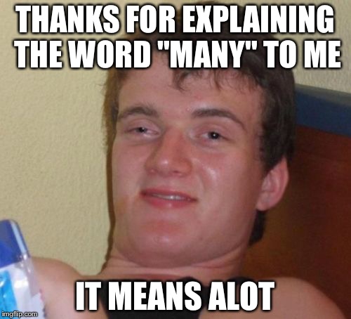 10 Guy | THANKS FOR EXPLAINING THE WORD "MANY" TO ME; IT MEANS ALOT | image tagged in memes,10 guy | made w/ Imgflip meme maker