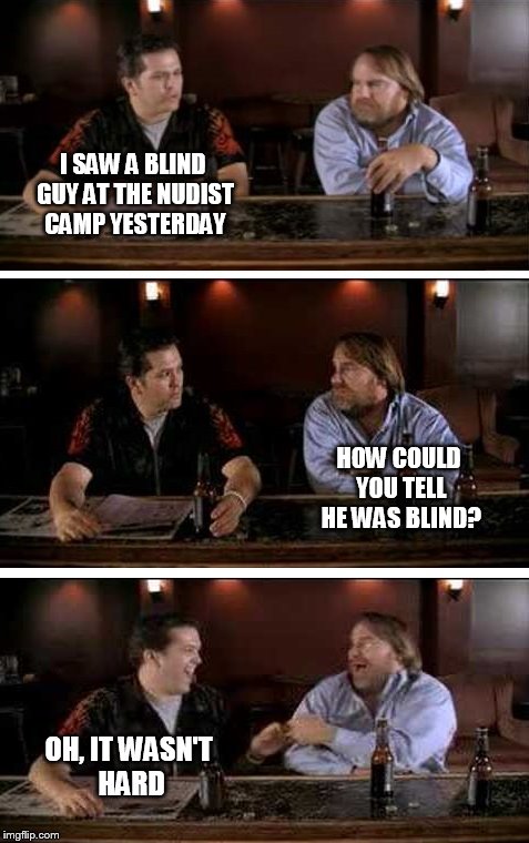 Meanwhile, at the bar... | I SAW A BLIND GUY AT THE NUDIST CAMP YESTERDAY; HOW COULD YOU TELL HE WAS BLIND? OH, IT WASN'T HARD | image tagged in meanwhile,at the bar | made w/ Imgflip meme maker