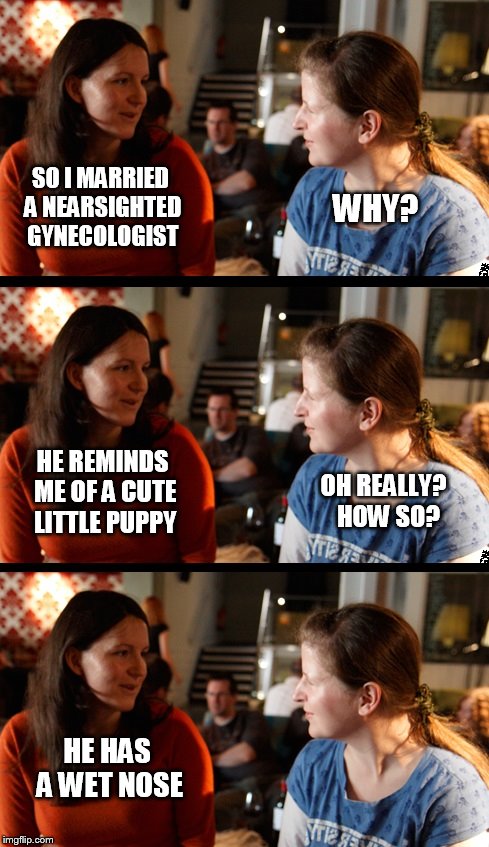 Ladies night out | SO I MARRIED A NEARSIGHTED GYNECOLOGIST; WHY? HE REMINDS ME OF A CUTE LITTLE PUPPY; OH REALLY?  HOW SO? HE HAS A WET NOSE | image tagged in ladies night | made w/ Imgflip meme maker