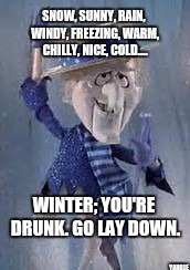 Winter has had too many | SNOW, SUNNY, RAIN, WINDY, FREEZING, WARM, CHILLY, NICE, COLD.... WINTER; YOU'RE DRUNK. GO LAY DOWN. YAHBLE | image tagged in mr freeze | made w/ Imgflip meme maker