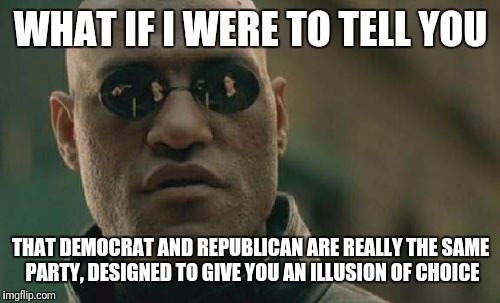 Matrix Morpheus Meme | WHAT IF I WERE TO TELL YOU THAT DEMOCRAT AND REPUBLICAN ARE REALLY THE SAME PARTY, DESIGNED TO GIVE YOU AN ILLUSION OF CHOICE | image tagged in memes,matrix morpheus | made w/ Imgflip meme maker