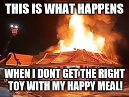 McDonalds on FIRE | THIS IS WHAT HAPPENS; WHEN I DONT GET THE RIGHT TOY WITH MY HAPPY MEAL! | image tagged in mcdonalds on fire | made w/ Imgflip meme maker