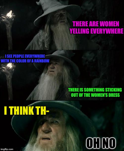 No offense to the gays or tansexuals. | THERE ARE WOMEN YELLING EVERYWHERE; I SEE PEOPLE EVERYWHERE WITH THE COLOR OF A RAINBOW; THERE IS SOMETHING STICKING OUT OF THE WOMEN'S DRESS; I THINK TH-; OH NO | image tagged in memes,confused gandalf,tranny,no offense,funny | made w/ Imgflip meme maker