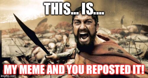 Sparta Leonidas Meme | THIS... IS.... MY MEME AND YOU REPOSTED IT! | image tagged in memes,sparta leonidas | made w/ Imgflip meme maker