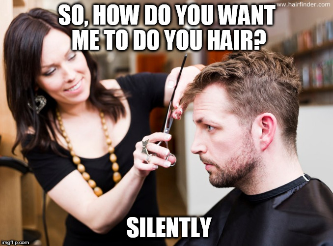 Please, don't speak. Just cut. | SO, HOW DO YOU WANT ME TO DO YOU HAIR? SILENTLY | image tagged in hair,hairdresser | made w/ Imgflip meme maker