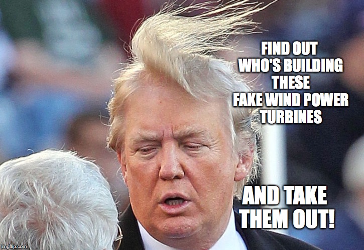 Fake Wind Power | FIND OUT WHO'S BUILDING THESE FAKE WIND POWER TURBINES; AND TAKE THEM OUT! | image tagged in wind power,trump in a high wind,wind turbines,bobcrespodotcom | made w/ Imgflip meme maker