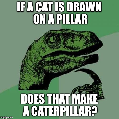 Philosoraptor | IF A CAT IS DRAWN ON A PILLAR; DOES THAT MAKE A CATERPILLAR? | image tagged in memes,philosoraptor | made w/ Imgflip meme maker