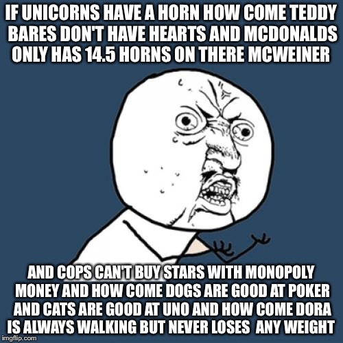 Y U No | IF UNICORNS HAVE A HORN HOW COME TEDDY BARES DON'T HAVE HEARTS AND MCDONALDS ONLY HAS 14.5 HORNS ON THERE MCWEINER; AND COPS CAN'T BUY STARS WITH MONOPOLY MONEY AND HOW COME DOGS ARE GOOD AT POKER AND CATS ARE GOOD AT UNO AND HOW COME DORA IS ALWAYS WALKING BUT NEVER LOSES  ANY WEIGHT | image tagged in memes,y u no | made w/ Imgflip meme maker