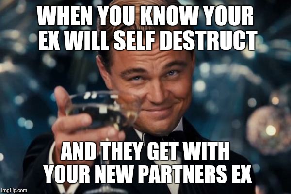 Leonardo Dicaprio Cheers Meme | WHEN YOU KNOW YOUR EX WILL SELF DESTRUCT; AND THEY GET WITH YOUR NEW PARTNERS EX | image tagged in memes,leonardo dicaprio cheers | made w/ Imgflip meme maker