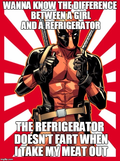 oooh thats just cold | WANNA KNOW THE DIFFERENCE BETWEEN A GIRL AND A REFRIGERATOR; THE REFRIGERATOR DOESN'T FART WHEN I TAKE MY MEAT OUT | image tagged in memes,deadpool pick up lines,funny memes,anti-feminism | made w/ Imgflip meme maker