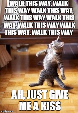 April 5, Is National Walking Day  | WALK THIS WAY, WALK THIS WAY
WALK THIS WAY, WALK THIS WAY
WALK THIS WAY, WALK THIS WAY
WALK THIS WAY, WALK THIS WAY; AH, JUST GIVE ME A KISS | image tagged in memes,cool cat stroll | made w/ Imgflip meme maker