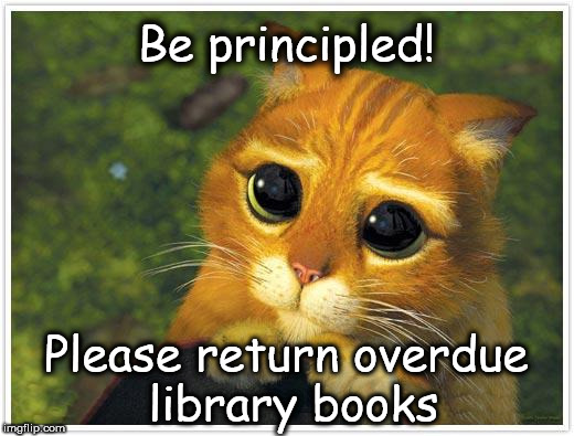 Shrek Cat | Be principled! Please return overdue library books | image tagged in memes,shrek cat | made w/ Imgflip meme maker