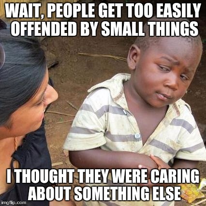 Third World Skeptical Kid Meme | WAIT, PEOPLE GET TOO EASILY OFFENDED BY SMALL THINGS; I THOUGHT THEY WERE CARING ABOUT SOMETHING ELSE | image tagged in memes,third world skeptical kid | made w/ Imgflip meme maker