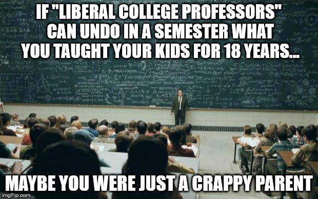 Yeah...Just Maybe | IF "LIBERAL COLLEGE PROFESSORS" CAN UNDO IN A SEMESTER WHAT YOU TAUGHT YOUR KIDS FOR 18 YEARS... MAYBE YOU WERE JUST A CRAPPY PARENT | image tagged in professor in front of class,college liberal,parenting | made w/ Imgflip meme maker