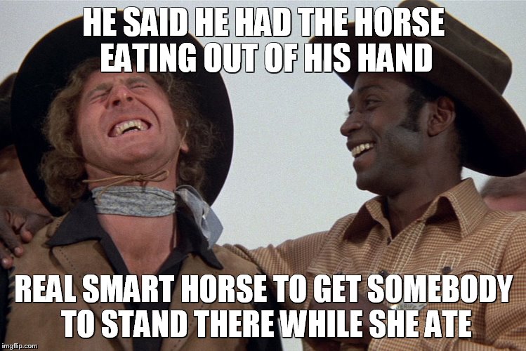 blazing saddles | HE SAID HE HAD THE HORSE EATING OUT OF HIS HAND; REAL SMART HORSE TO GET SOMEBODY TO STAND THERE WHILE SHE ATE | image tagged in blazing saddles | made w/ Imgflip meme maker