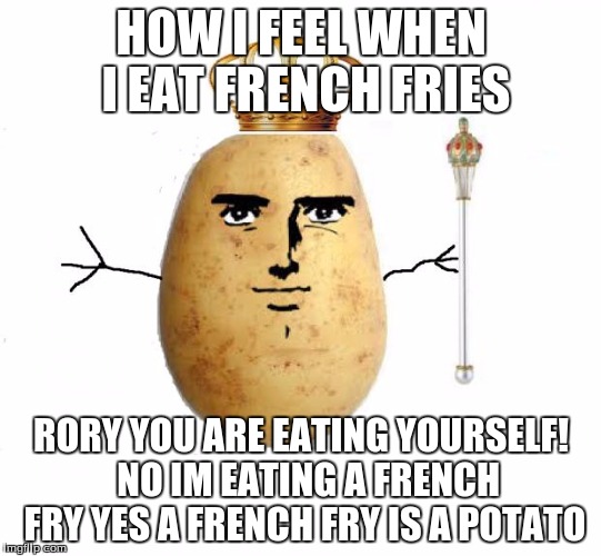 Potato king  | HOW I FEEL WHEN I EAT FRENCH FRIES; RORY YOU ARE EATING YOURSELF! 
NO IM EATING A FRENCH FRY
YES A FRENCH FRY IS A POTATO | image tagged in potato king | made w/ Imgflip meme maker