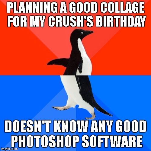 Socially Awesome Awkward Penguin | PLANNING A GOOD COLLAGE FOR MY CRUSH'S BIRTHDAY; DOESN'T KNOW ANY GOOD PHOTOSHOP SOFTWARE | image tagged in memes,socially awesome awkward penguin | made w/ Imgflip meme maker