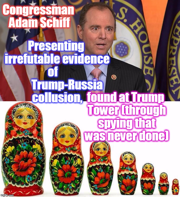 "Shocking! ....We'll get to the bottom of this!" | Presenting irrefutable evidence of         
    Trump-Russia collusion, Congressman Adam Schiff; found at Trump Tower (through spying that was never done) | image tagged in investigation,russia,trump | made w/ Imgflip meme maker