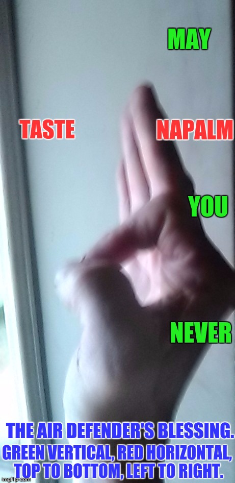 MAY; TASTE; NAPALM; YOU; NEVER; THE AIR DEFENDER'S BLESSING. GREEN VERTICAL, RED HORIZONTAL, TOP TO BOTTOM, LEFT TO RIGHT. | image tagged in military humor | made w/ Imgflip meme maker