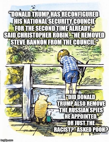 Pooh Sticks | "DONALD TRUMP HAS RECONFIGURED HIS NATIONAL SECURITY COUNCIL FOR THE SECOND TIME ALREADY," SAID CHRISTOPHER ROBIN.  "HE REMOVED STEVE BANNON FROM THE COUNCIL."; "DID DONALD TRUMP ALSO REMOVE THE RUSSIAN SPIES HE APPOINTED, OR JUST THE RACIST?" ASKED POOH? | image tagged in pooh sticks | made w/ Imgflip meme maker