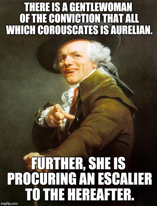 Joseph ducreaux | THERE IS A GENTLEWOMAN OF THE CONVICTION THAT ALL WHICH COROUSCATES IS AURELIAN. FURTHER, SHE IS PROCURING AN ESCALIER TO THE HEREAFTER. | image tagged in joseph ducreaux | made w/ Imgflip meme maker